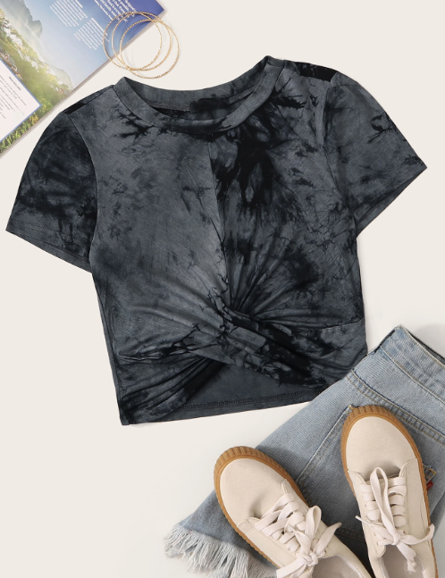 SHEIN EZwear Black Tie-Dye Pleated T-Shirts Sexy