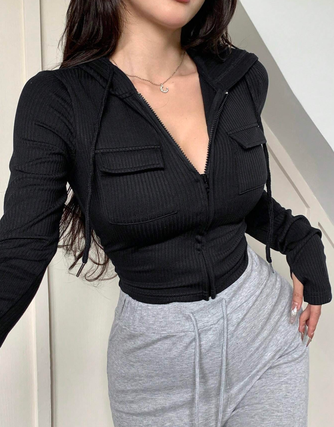 DAZY Striped Sweatshirt with Big Pockets, Long Sleeve T-shirt for Women, Autumn Clothes