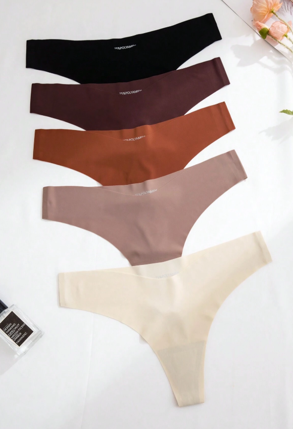 5 Pieces Women's Seamless Comfortable Breathable One-Piece Thongs with Multi-Color Nylon and Adhesive Design.