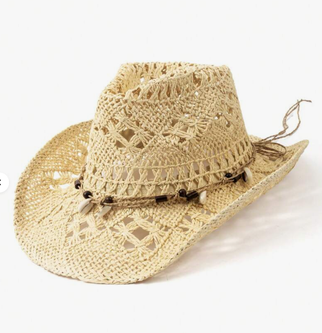 1 Piece Unisex Straw Cowboy Hat with Wooden Bead and Shell Decor, Hollow Print Straw Sun Hat, Casual SpringSummer Beach Hat. Manually adjust the brim shape if it becomes deformed after receiving it.