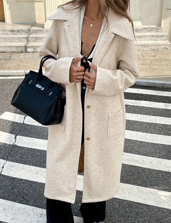 SHEIN Frenchy Women's Casual Warm Long Sleeve Single Breasted Double Pocket Coat, with Floral Embroidery on Sleeves and Pockets, Casual Tweed Fabric Suitable for Winter