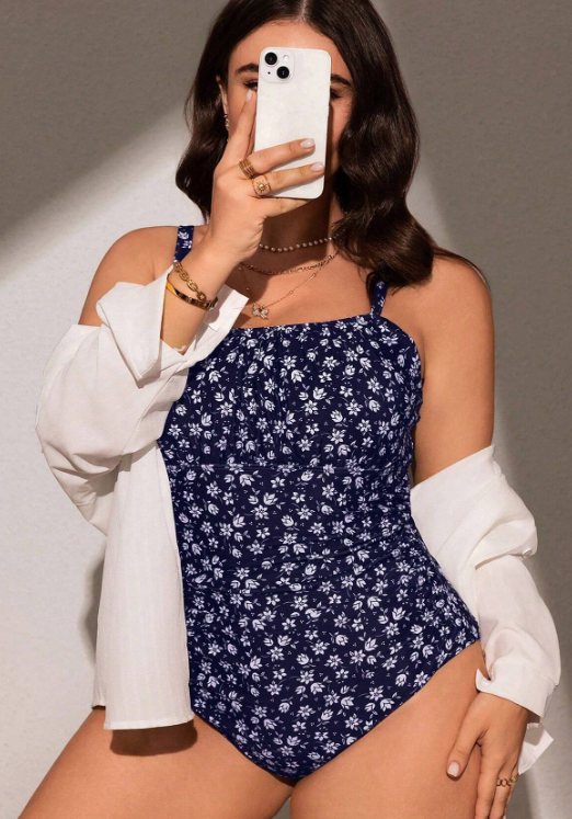Swim Mod One Piece Swimsuit with Small Floral Print for Beach and Summer in Plus Sizes