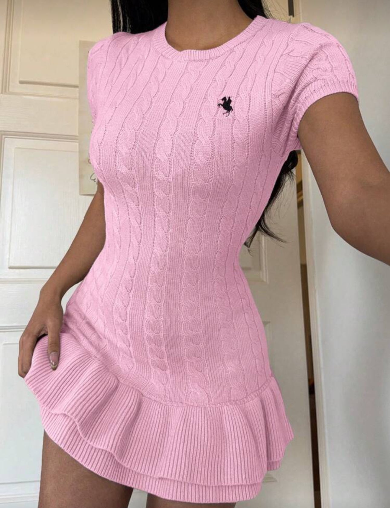 SHEIN EZwear Women's Summer Casual Embroidery Detail Ruffle Hem Mini Knit Dress,Fall Dress