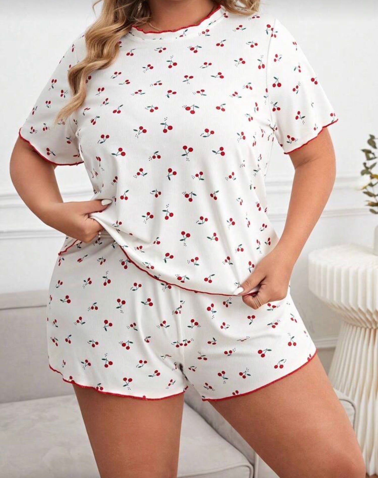 Plus Cherry Print Contrast Binding PJ Set / Pajama Set