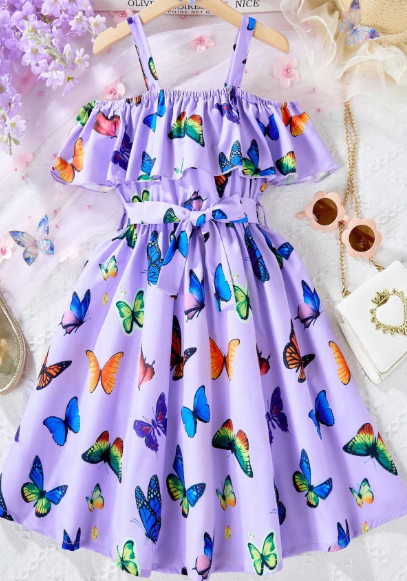 SHEIN Reset Phase Teen Girl's Butterfly Print Off Shoulder Summer Dress