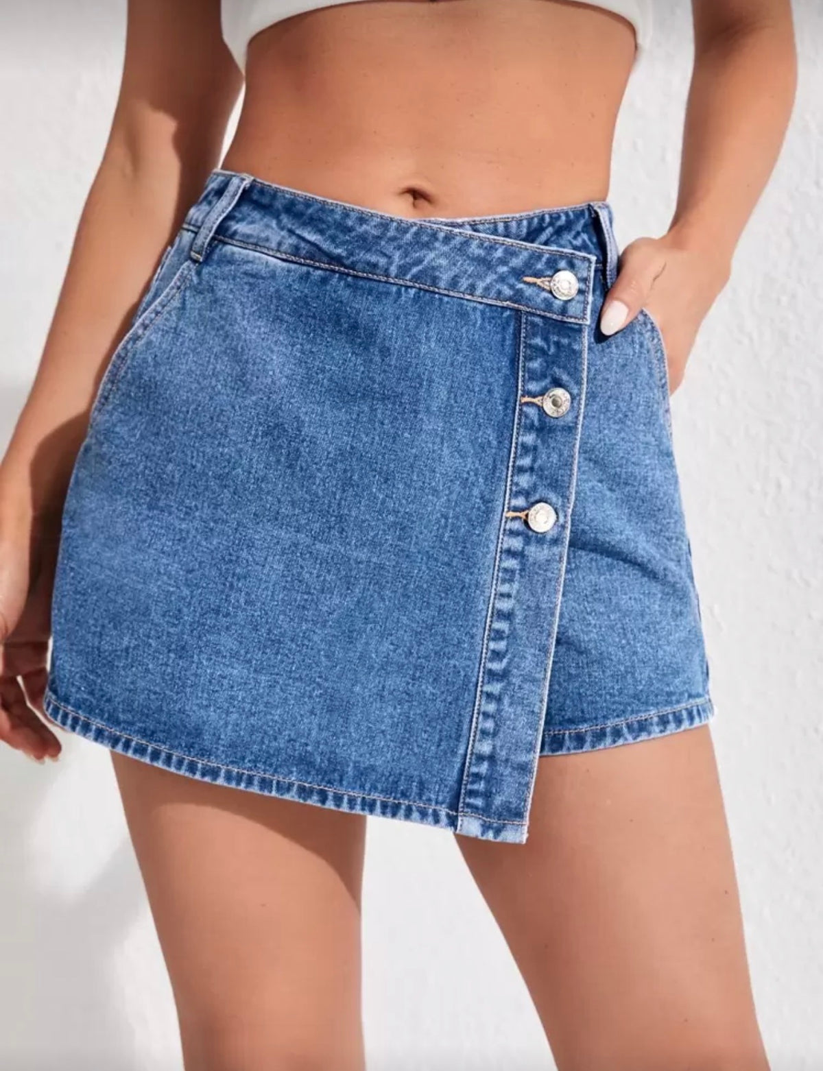 SHEIN ICON Fashionable Blue Casual Wrap Denim Shorts, Versatile For Summer
