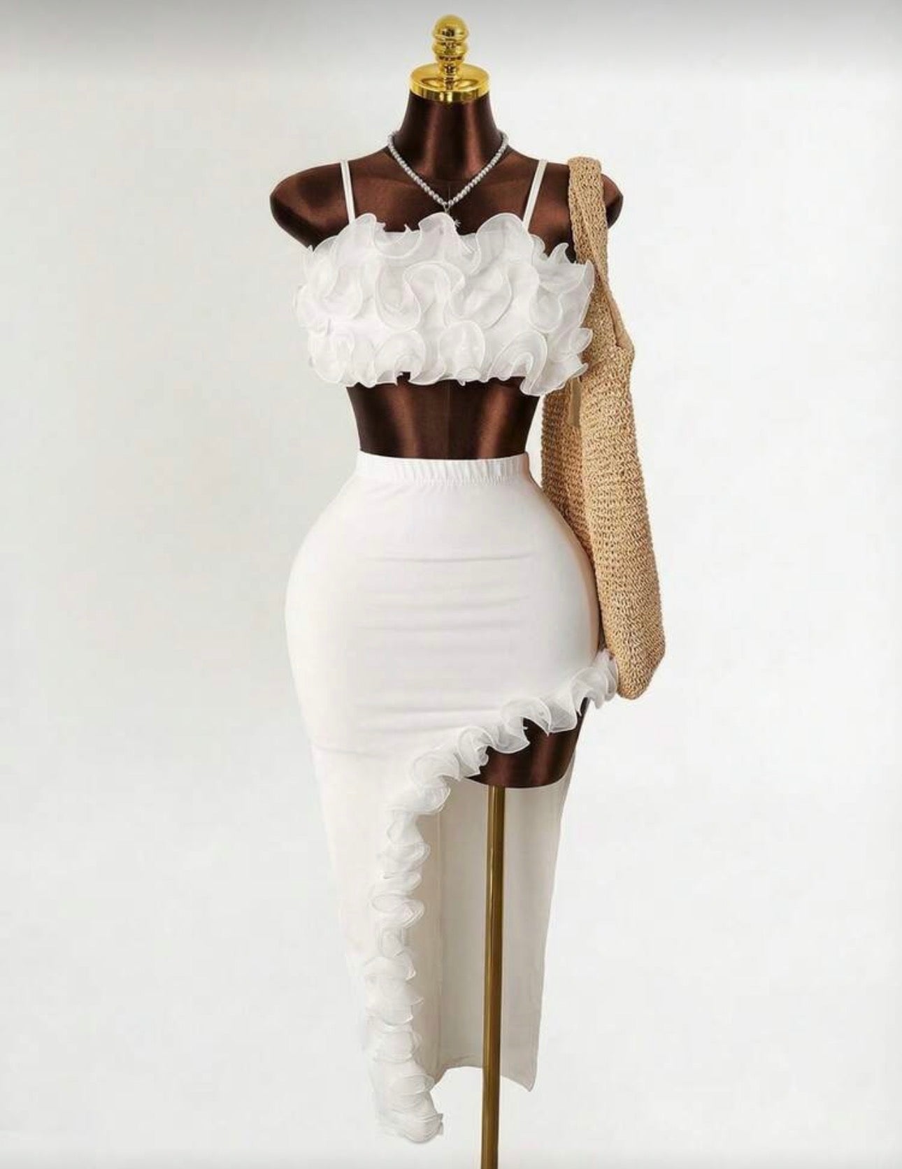 Mistrie Summer White 70's Holiday Party Disco Vacation Two Pieces Set,Fish Silk Thread 3D Flower Decoration Camisole Top&Split Long Skirt For ,Holiday