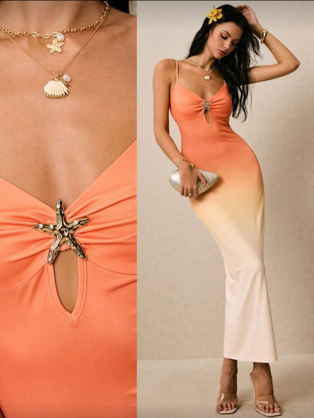 Poéselle Women Orange Ombre Long Cami Dress With Starfish,Hollow Ruched Bodycon Birthday Party Outfit,Light Beige,Summer,Casual,Holiday,Vacation,Holiday,Boho