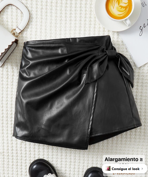 SHEIN Faux Leather Side Knot Casual Mid-Waisted Skort for Preteen Girls