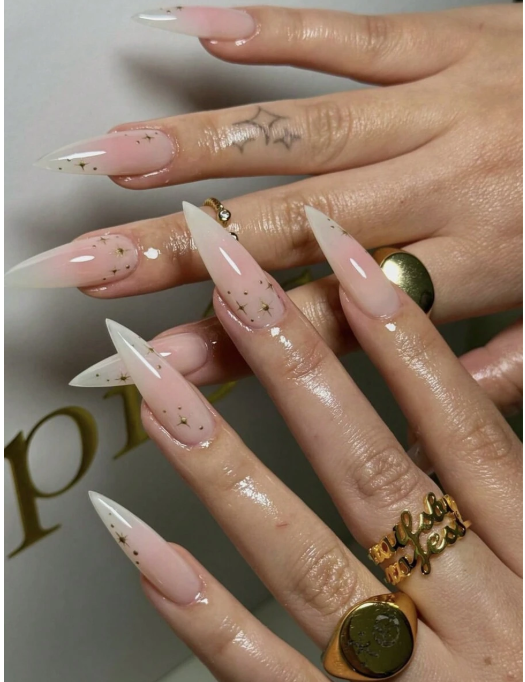 24 long, pointed false nails, pale pink gradient, gold starry sky design, fashionable full-coverage glitter press-on nails, suitable for women and girls for DIY manicures, nail art supplies