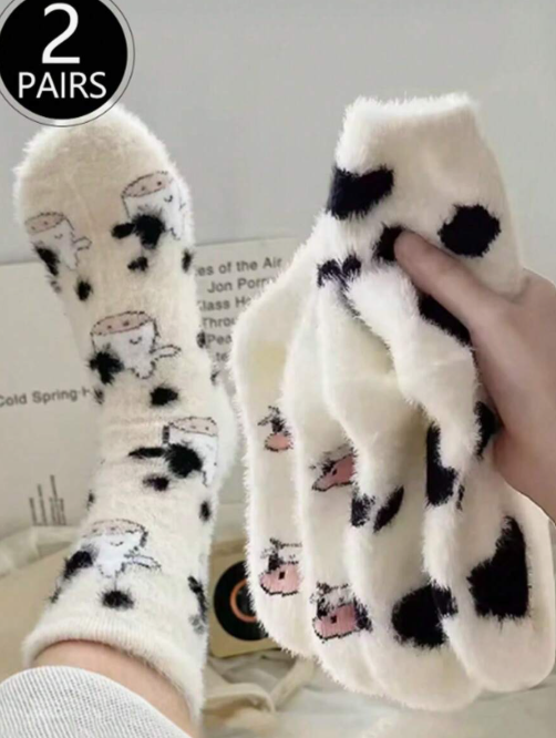 2 pairs of fluffy cow print crew neck socks, thick and warm coral fleece socks, fluffy, soft and comfortable socks, suitable for everyday wear, Christmas, winter home warmth, cozy