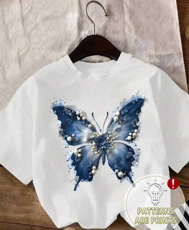 Summer fantasy blue butterfly print pearl decoration T-shirt