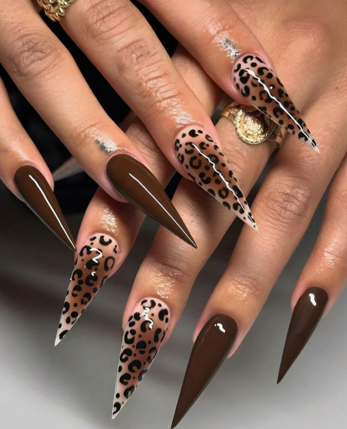 24 pieces of almond-shaped press-on nails in brown with leopard print, asymmetrical design, and thin high heel, press-on nails, nail supplies