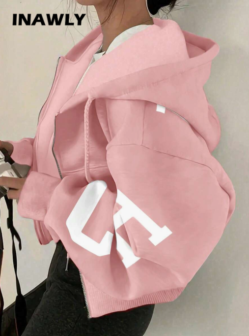 INAWLY Loose Fit Hoodie with Thermal Lining, for Autumn/Winter, Graduation, Back to School, Teacher, Pink Sweatshirt