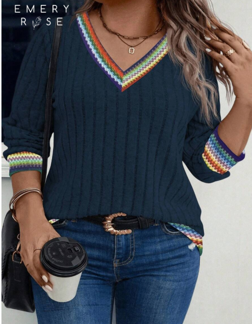 EMERY ROSE Women's Sweatshirt with Colorful Ribbon Print and Patches, V-Neck, Long Sleeve, for Autumn/Winter