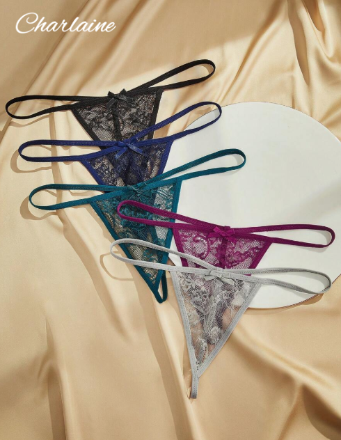 Charlaine Set of 5 g-string thongs with lace and bow decoration for women