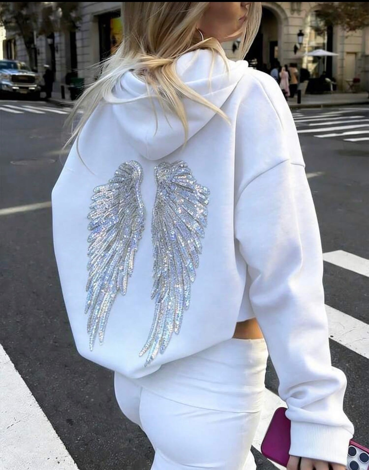 Sequin Embroidered Angel Wings Light Grey Sweatshirt Y2K Cute Women Sweatshirt, Casual Dropped Shoulder Long Sleeve Sweatshirt For Women White