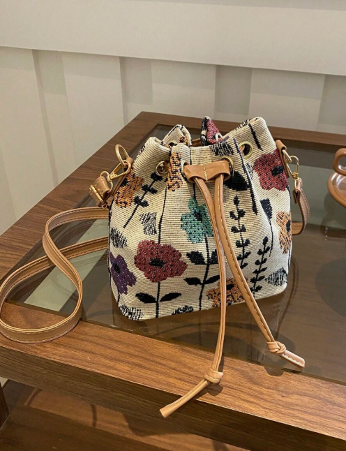 Mini Chinese Style Fabric Shoulder Bag 2026, Calligraphy Shoulder Bag, Retro Print Bucket Bag for Women, Casual Fashion Handbag for Ladies, Spring Handbag