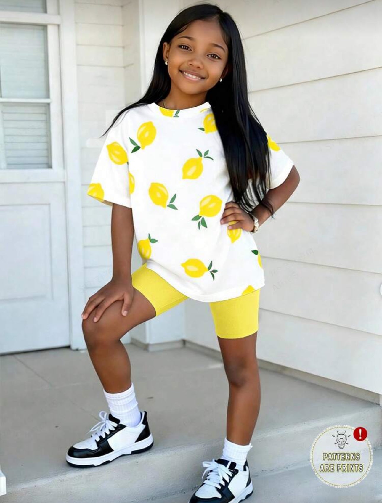 SHEIN Elladie kids 2pcs/Set Young Girls' Summer Casual Lemon Print T-Shirt And Tight Shorts Set,Sunny Yellow Leggings,Fashionable Vacation Outfit For 4-7 Years Old