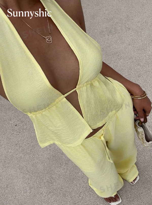 Sunnyshic 2-Piece Set: Yellow Linen Deep V-Neck Crop Top with Straps and Open Back + Wide Leg Pants with Low Waist and Drawstring, Casual, Sexy, and Elegant Outfit for Women's Beach and Summer Vacation