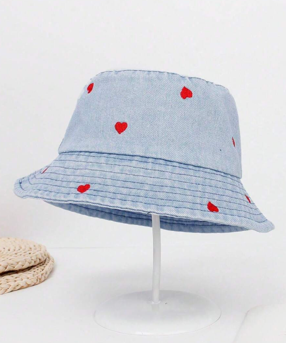 1 Piece Denim Bucket Hat with Sweet Red Heart Embroidery - Casual Style Y2K Summer Sun Hat for Everyday Wear