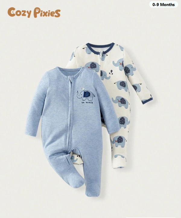 Cozy Pixies Newborn Baby Boy Long Sleeve Crew Neck Romper Set with Cute Elephant Print