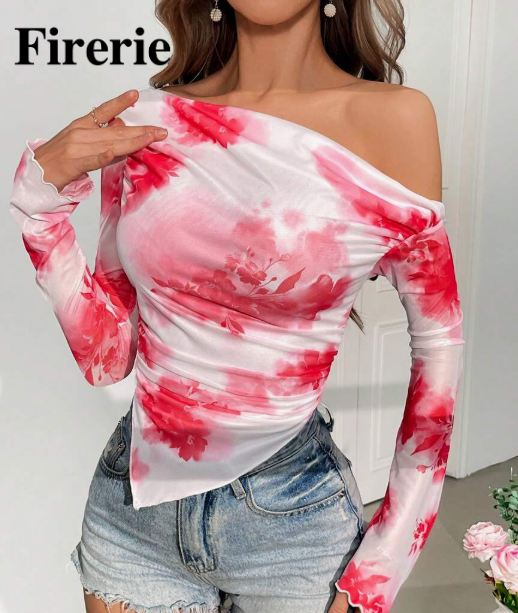 Firerie Women's Spring/Summer One-Shoulder Asymmetrical Hem T-Shirt