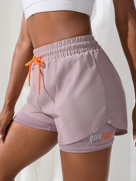SHEIN Sovereign Charm 2-in-1 Letter Graphic Sports Shorts, Breathable, Drawstring, Biker Shorts, Gym Shorts for Women