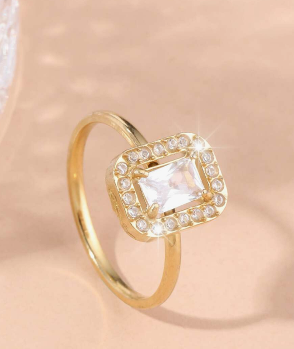 1 piece Luxury minimalist women's ring with square and round gold-plated stainless steel and rhinestones