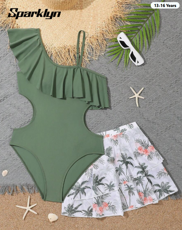 Sparklyn Teen Girl One Piece Swimsuit with Tropical Print, Ruched Trim, Slit, and Beach Skirt