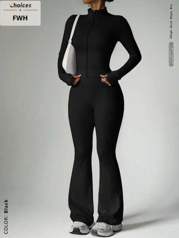 FWH 2-Piece Set: Compression Jacket and Flare Pants, Street Style Waist and Butt Lifter,