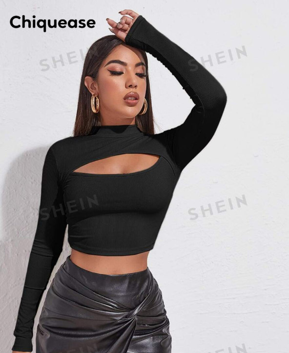 Chiquease Ribbed Knit Crop Top with High Neck Opening