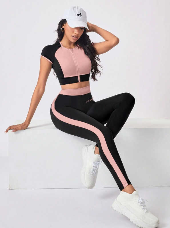 SHEIN Dewbera Women's Activewear Set with Short Sleeve Crew Neck Top with Contrast Zipper and Striped Design Long Pants - Women's Workout Leggings Set
