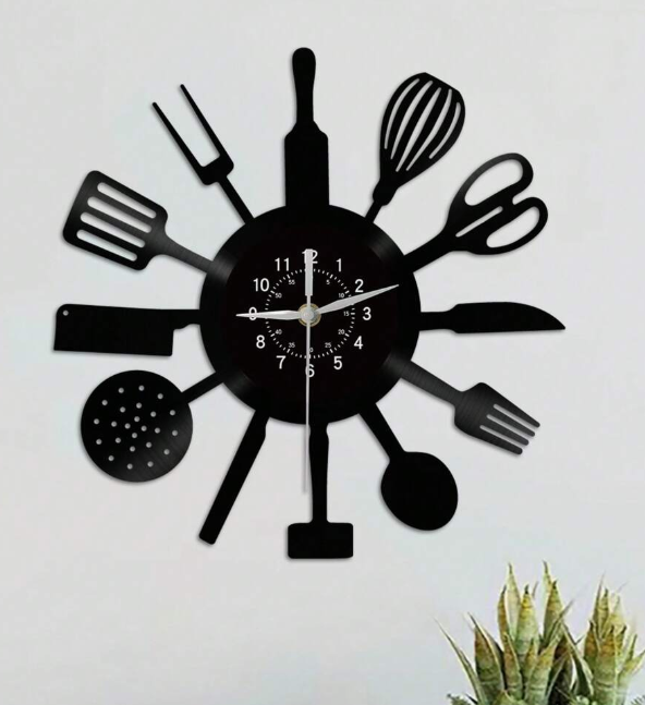1 Piece Vinyl Record Wall Clock, Knife, Fork, and Spoon Wall Clock, Kitchen Utensil Theme Wall Clock