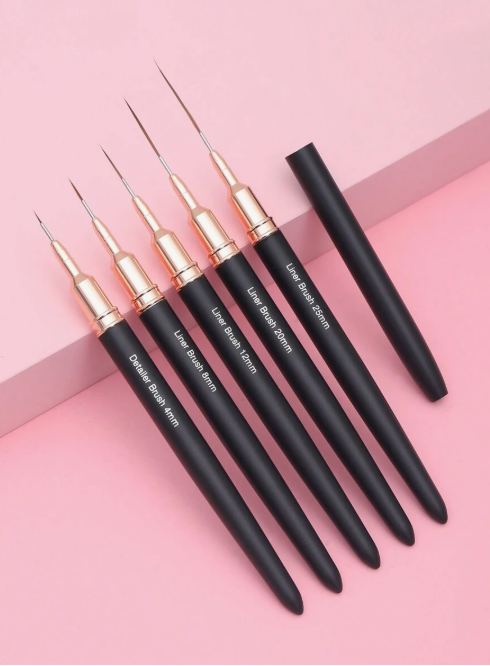 Set of 5 black metal nail art brushes for nail design with long lines, fine details and precise drawings