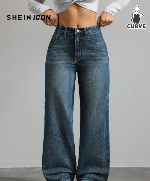 SHEIN ICON Women's Plus Size Casual Jeans with Vintage Wash, Pockets, and Wide Leg