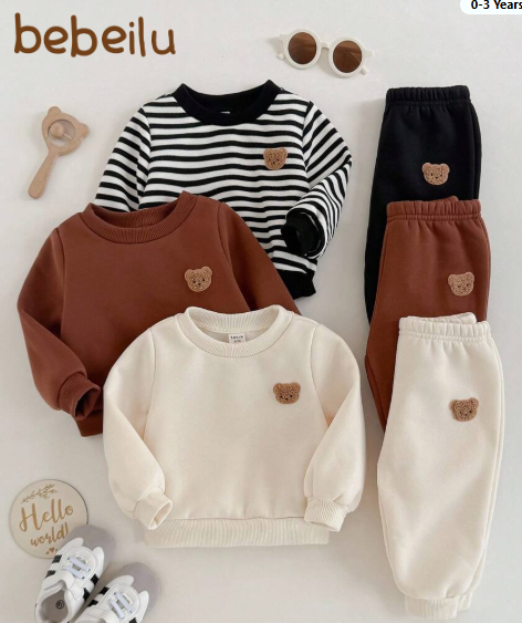 6-piece set for toddler boys and girls with long-sleeved sweatshirts in cartoon prints, stripes and solid colors, and knit pants with ankle cuffs, suitable for autumn and winter