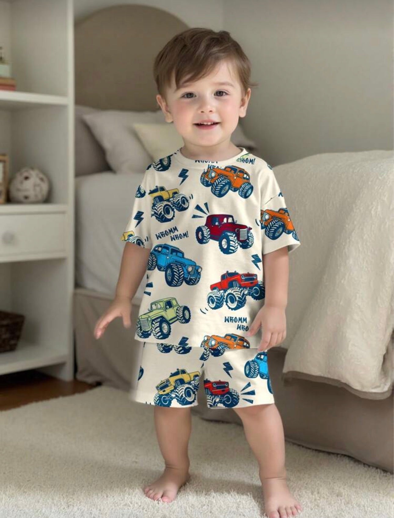 SHEIN 2pcs/Set Infant/Baby Boy Offroad Truck Cartoon Graphic Loose Casual Short Sleeve T-Shirt & Shorts Set, Summer