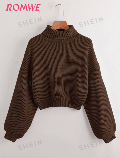 ROMWE Women's Solid Color Bishop Sleeve Turtleneck Sweater, Regular Fit, Coffee Brown, Long Sleeve Bishop Sweaters, Long Sleeve Blouses