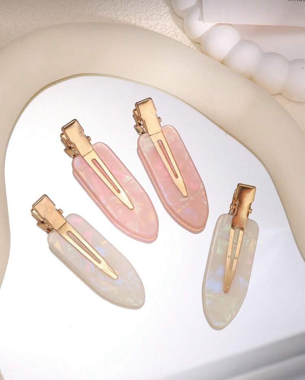 4pcs/Set Pink & White Pearlescent Acetate Seamless Hair Clips, Acrylic Alligator Snap Barrettes For Bangs & Styling