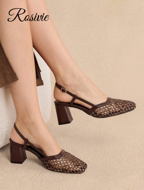Rosivie Women's High Heels with Braided and Hollow Design in Brown