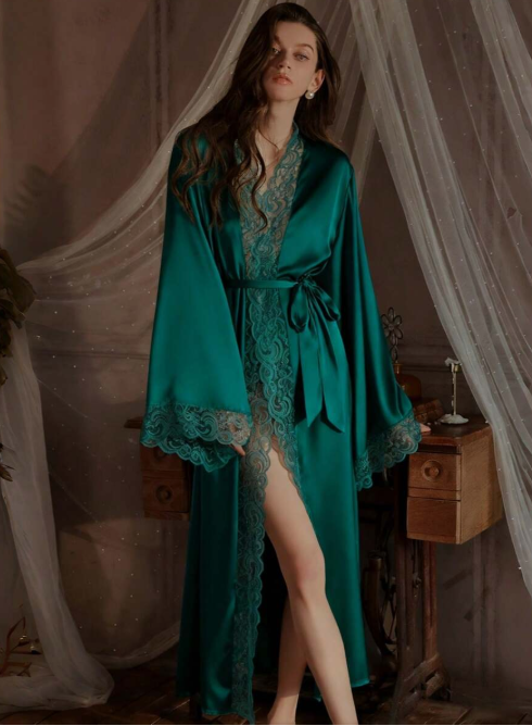 QING ROU Elegant Peacock Green Satin Robe with Soft Lace Trim, Long Bell Sleeves, Silky and Comfortable, with Belt, Suitable for Home Use