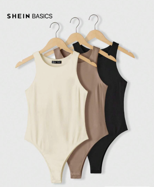 SHEIN BASICS 3pcs/Set Women's Casual Solid Color Sleeveless Round Neck Fitted Knit Bodysuit Summer Clothes