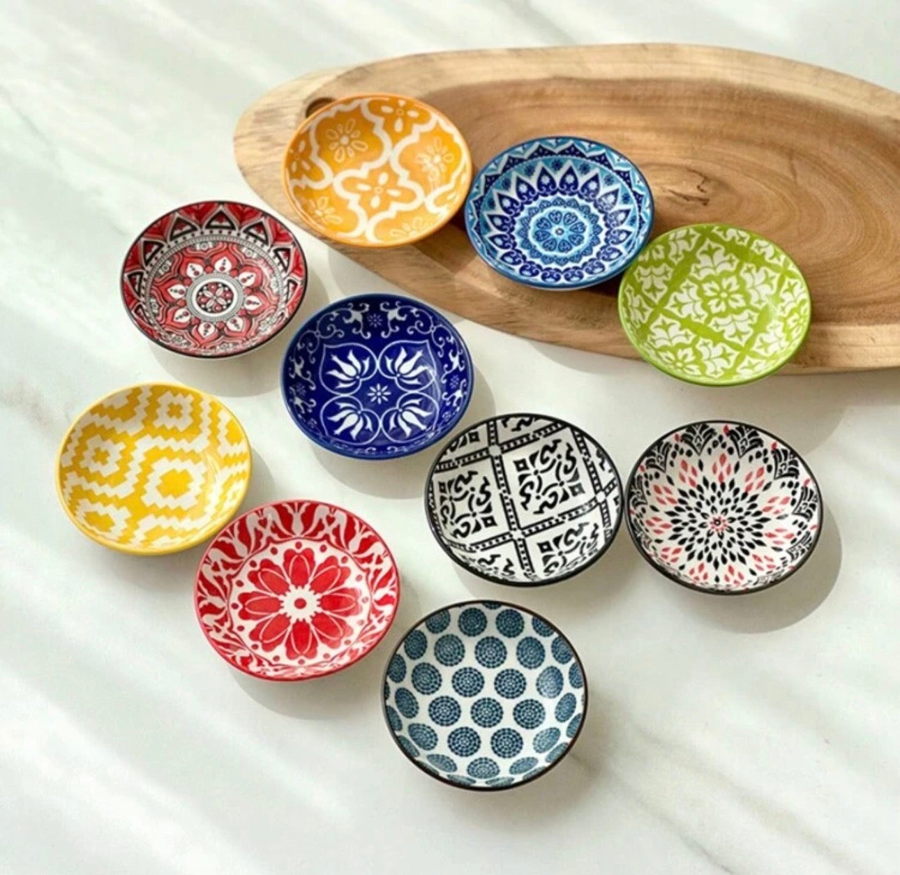 10pcs Ceramic Seasoning Dishes, Bohemian Style Plates, Sauce Dishes, Household Soy Sauce Vinegar Spice Plates, Suitable For Home Kitchen, Restaurant, Sushi Bar, Party, Hot Pot, Picnic, Camping, Barbecue, Cold Dish, Kitchen Utensils, Tableware Accessories