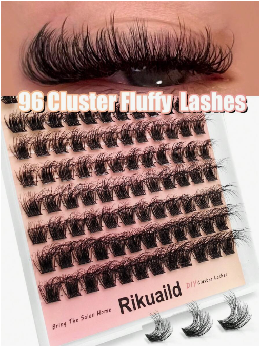 Rikuaild 96 Pieces Fluffy Eyelash Clusters, Thick Natural Curly Individual False Eyelash Clusters, D Curl, 10-16mm Length, Dramatic Eyelash Clusters