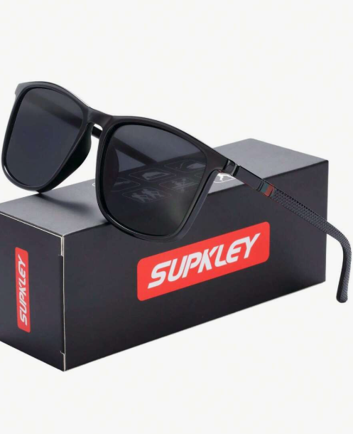 SUPKLEY 1 Piece Fashionable Square Glossy Black Plastic Sports Glasses for Men and Women, for Driving, Hiking and Cycling