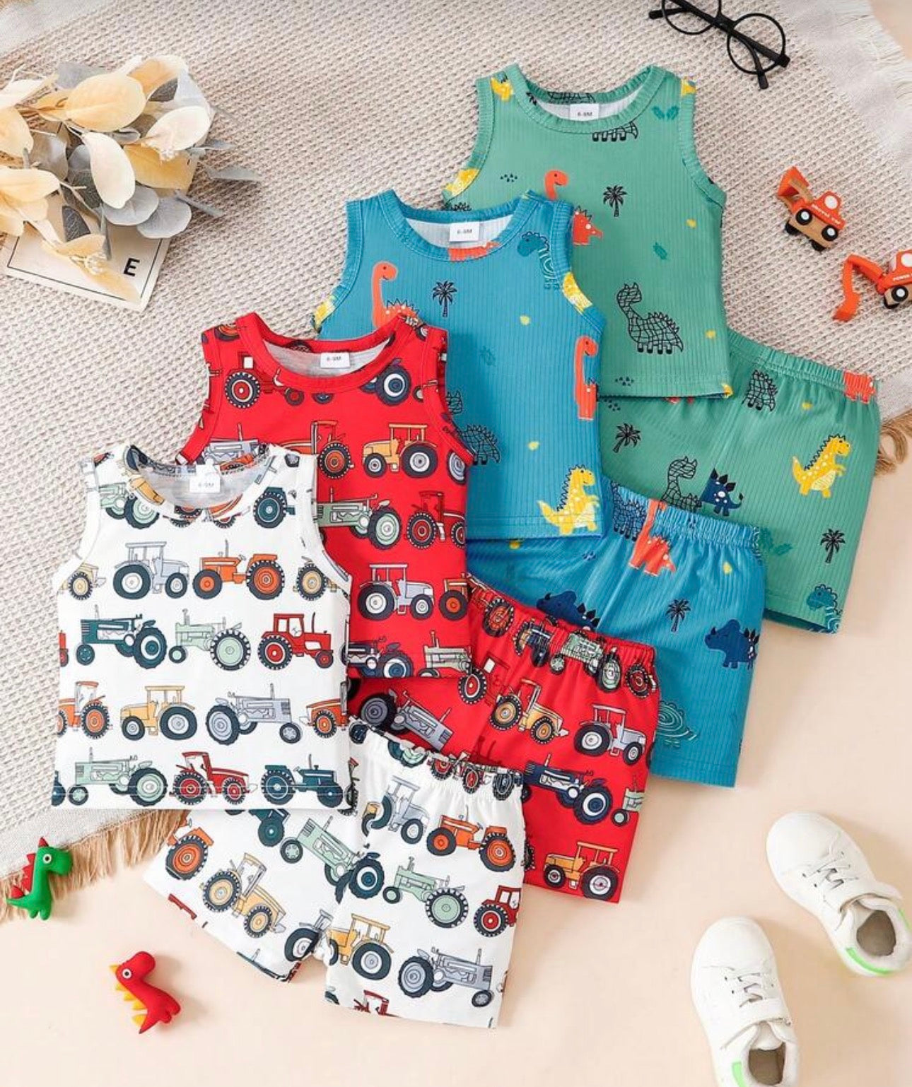 8pcs/Set Baby Boy Outdoor Summer Dinosaur & Car Print Top + Casual Shorts Set
