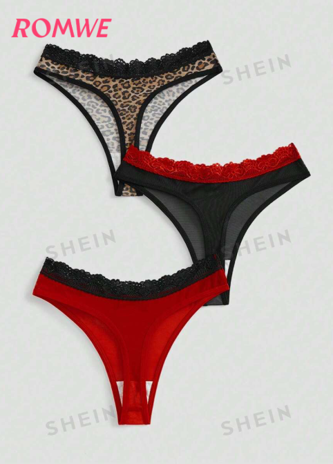 ROMWE J-Fashion Set of 3 Panties with Straps and Lace Appliques and Leopard Print in Y2K and Harajuku Style for Women