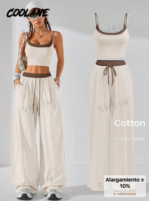 Coolane 2-Piece Set of Tank Top and Matching Pants with Color Blocks, Urban Fashion Style, Suitable for Spring and Summer