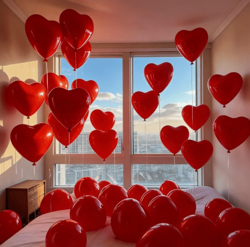 10-inch heart-shaped latex balloons, available in red,